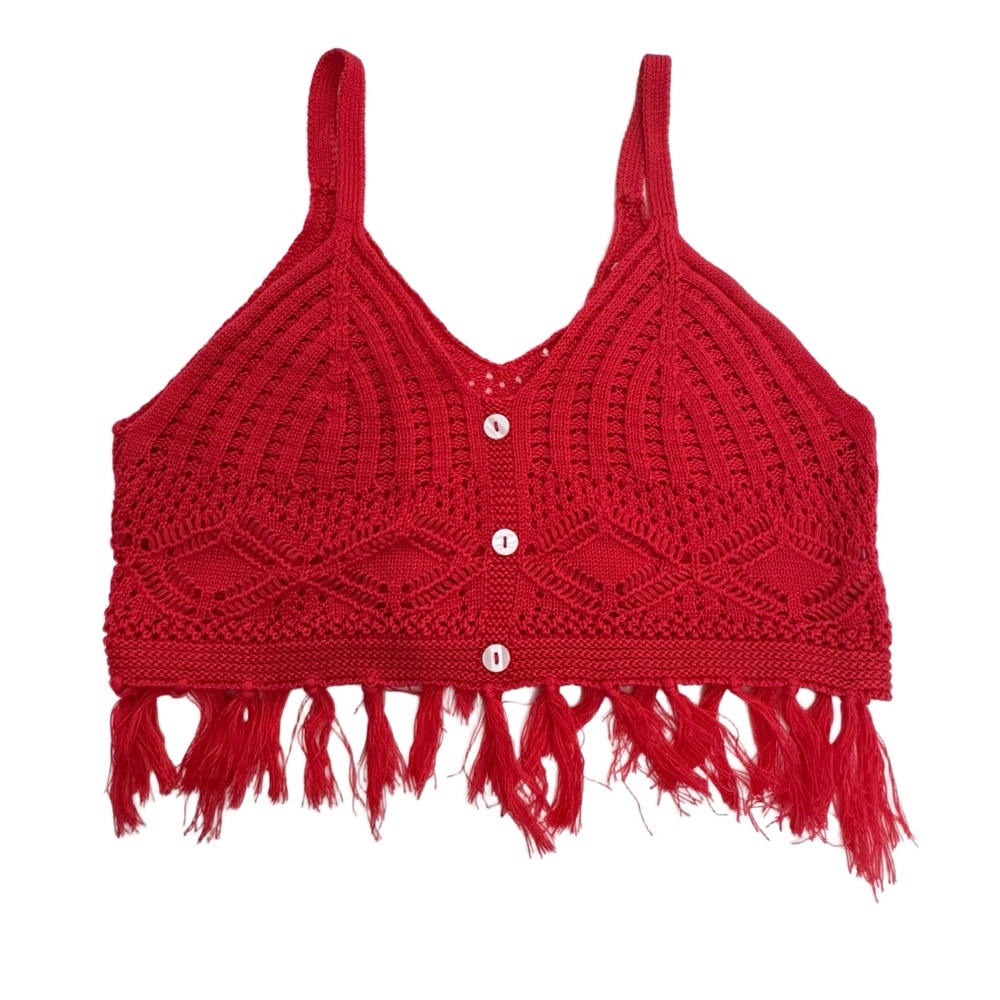 Red Crochet Fringe Hem Button Front Sleeveless VNeck Knit‎ Festival Crop Top